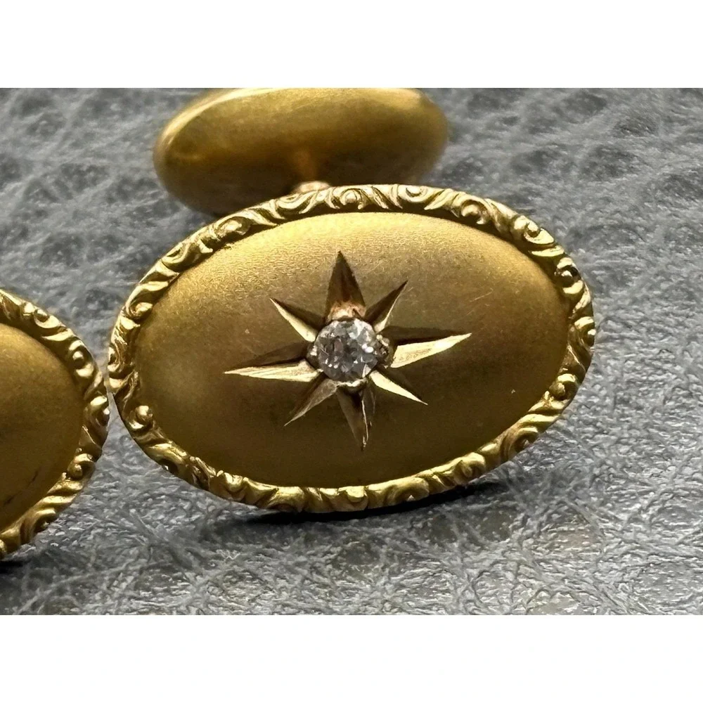 VTG Victorian 14K Solid Yellow Gold Genuine Diamond Star Starburst Cufflinks